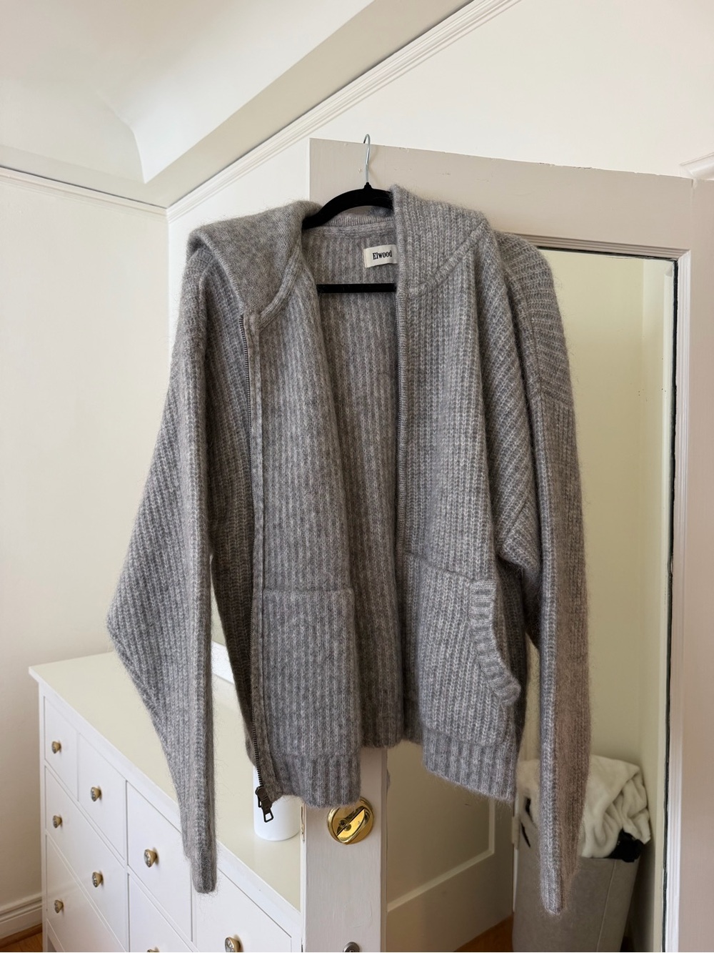 Gray Hooded Ribbed Open-Front Cardigan Sweater
